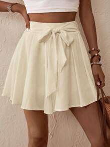 SHEIN VCAY Solid Belted Wide Leg Shorts - Apricot - View 4