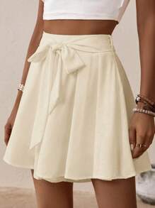 SHEIN VCAY Solid Belted Wide Leg Shorts - Apricot - View 5