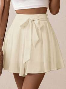 SHEIN VCAY Solid Belted Wide Leg Shorts - Apricot - View 6