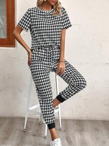 SHEIN Clasi 千鳥格印花T恤和腰部抽繩衛褲 - 黑與白 - 查看 3