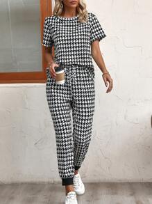 SHEIN Clasi 千鳥格印花T恤和腰部抽繩衛褲 - 黑與白 - 查看 5