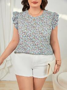 SHEIN LUNE Plus Ditsy Floral Print Ruffle Trim Blouse For Summer