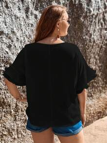 SHEIN LUNE 大碼素色荷葉袖襯衫 - 黑色 - 查看 2