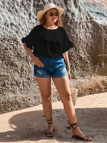 SHEIN LUNE 大碼素色荷葉袖襯衫 - 黑色 - 查看 3