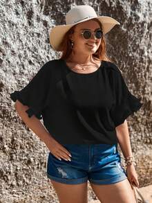 SHEIN LUNE 大碼素色荷葉袖襯衫 - 黑色 - 查看 5