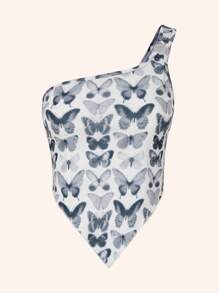 Beyza Durmus In bướm Một bờ vai Viền khăn tay Top Cây trồng - Đen và trắng - Xem 1