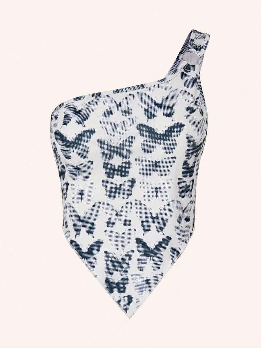 Beyza Durmus In bướm Một bờ vai Viền khăn tay Top Cây trồng - Đen và trắng - Xem 1