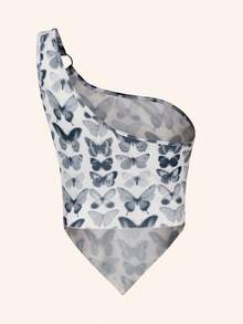 Beyza Durmus In bướm Một bờ vai Viền khăn tay Top Cây trồng - Đen và trắng - Xem 2