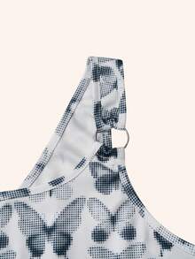 Beyza Durmus In bướm Một bờ vai Viền khăn tay Top Cây trồng - Đen và trắng - Xem 3