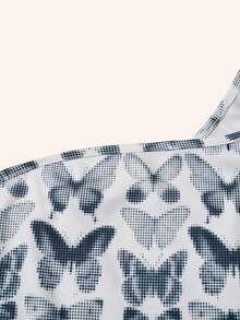 Beyza Durmus In bướm Một bờ vai Viền khăn tay Top Cây trồng - Đen và trắng - Xem 5