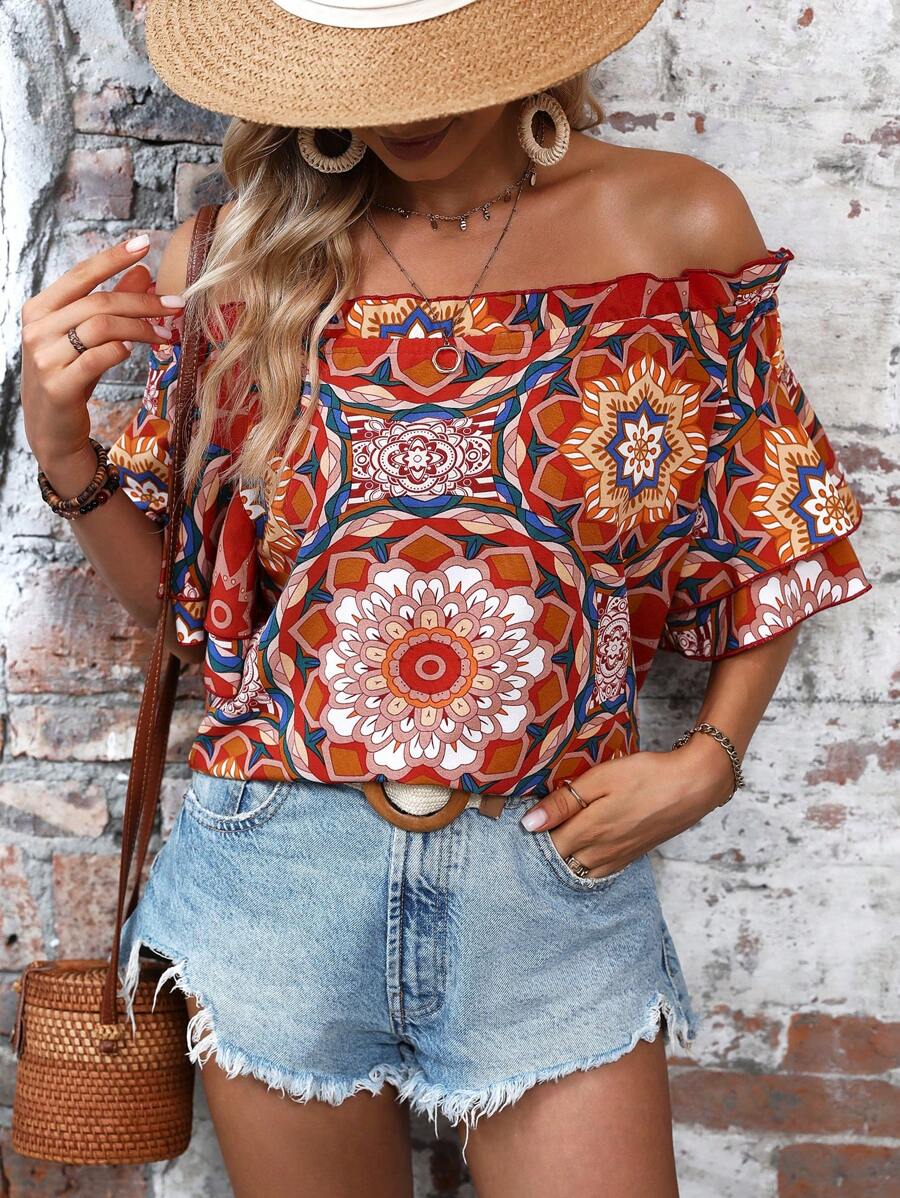 SHEIN LUNE In Toàn bộ Off Shoulder Lá sen tỉa Áo sơ mi - Nhiều màu - Xem 1
