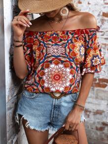 SHEIN LUNE In Toàn bộ Off Shoulder Lá sen tỉa Áo sơ mi - Nhiều màu - Xem 3