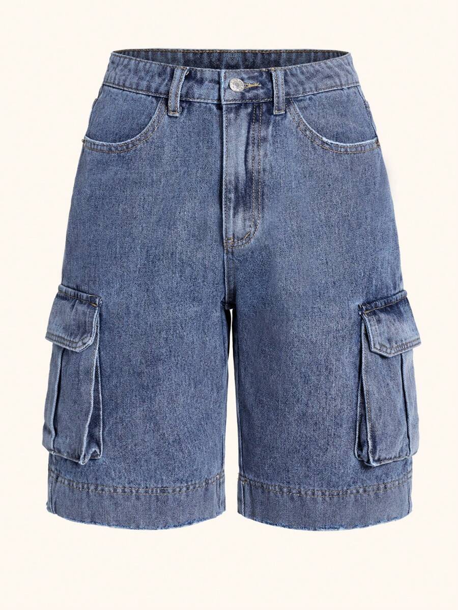 SHEIN EZwear Flap Pocket Side Denim Shorts - Light Wash - View 1