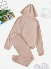 RueChic Bộ 2 áo nỉ có mũ trùm đầu tay Raglan và quần dài chạy bộ cho bé gái tuổi teen - Màu be - Xem 2