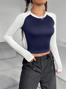 INAWLY 雙色插肩袖短款T恤 - 藏蓝色 - 查看 3