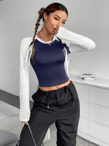 INAWLY 雙色插肩袖短款T恤 - 藏蓝色 - 查看 4