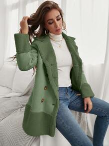 SHEIN Frenchy 雙排釦毛絨內襯外套 - 綠色 - 查看 1