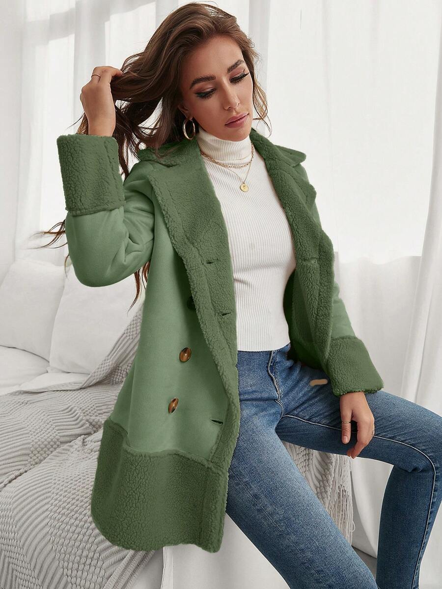 SHEIN Frenchy 雙排釦毛絨內襯外套 - 綠色 - 查看 1
