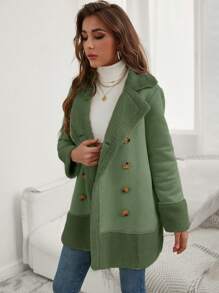 SHEIN Frenchy 雙排釦毛絨內襯外套 - 綠色 - 查看 4