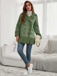 SHEIN Frenchy 雙排釦毛絨內襯外套 - 綠色 - 查看 6