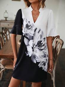 SHEIN LUNE 印花荷葉袖洋裝 - 黑與白 - 查看 5