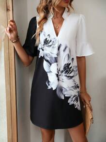 SHEIN LUNE 印花荷葉袖洋裝 - 黑與白 - 查看 6