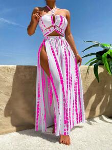 Swim Vcay Nhuộm buộc Đồ bơi Bikini Dây đeo cổ Với váy đi biển - Màu Hồng Tươi - Xem 2
