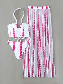 Swim Vcay Nhuộm buộc Đồ bơi Bikini Dây đeo cổ Với váy đi biển - Màu Hồng Tươi - Xem 3