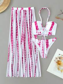 Swim Vcay Nhuộm buộc Đồ bơi Bikini Dây đeo cổ Với váy đi biển - Màu Hồng Tươi - Xem 4