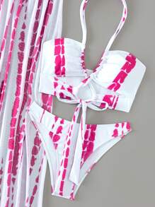Swim Vcay Nhuộm buộc Đồ bơi Bikini Dây đeo cổ Với váy đi biển - Màu Hồng Tươi - Xem 7