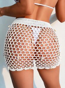 SHEIN Swim Hollow Out Drawstring Front Crochet Cover Up Skirt,Summer Beach - White - View 2