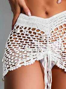 SHEIN Swim Hollow Out Drawstring Front Crochet Cover Up Skirt,Summer Beach - White - View 3