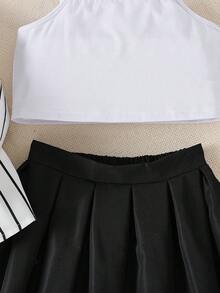 SHEIN 女大童條紋和字母圖案襯衫&吊帶上衣&百褶半身裙 - 黑與白 - 查看 3