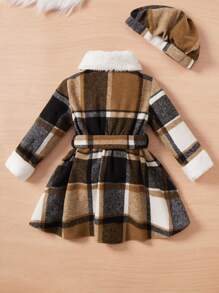 SHEIN Leap Crew 女嬰格紋印花羊絨領口翻蓋細節繫腰帶連衣裙&帽