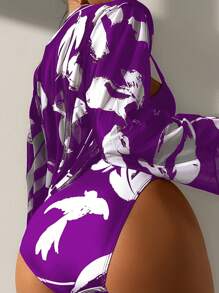 SHEIN Swim Tropical Print Push Up Bikini Set With Kimono,Summer Beach