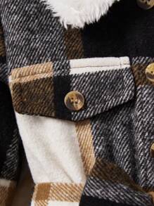 SHEIN Leap Crew 女嬰格紋印花羊絨領口翻蓋細節繫腰帶連衣裙&帽