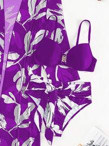SHEIN Swim Tropical Print Push Up Bikini Set With Kimono,Summer Beach