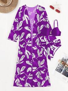 SHEIN Swim Tropical Print Push Up Bikini Set With Kimono,Summer Beach