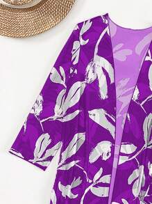 SHEIN Swim Tropical Print Push Up Bikini Set With Kimono,Summer Beach