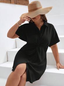 SHEIN Frenchy Plus Twist Front Batwing Sleeve Shirt Dress - Black - View 1