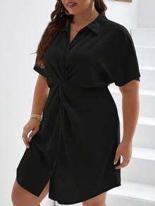 SHEIN Frenchy Plus Twist Front Batwing Sleeve Shirt Dress - Black - View 3