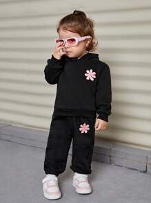 SHEIN Set di tuta da bambina con grafica carina, composto da felpa con cappuccio e pantaloni, con fodera termica