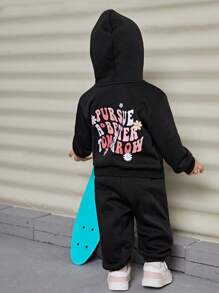 SHEIN Set di tuta da bambina con grafica carina, composto da felpa con cappuccio e pantaloni, con fodera termica