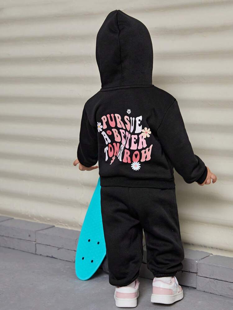 Baby Girls' Cute Graphic Hoodie And Pants Set, Thermal Lined