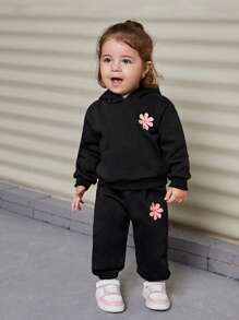SHEIN Set di tuta da bambina con grafica carina, composto da felpa con cappuccio e pantaloni, con fodera termica
