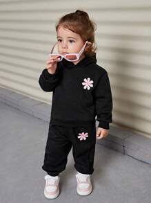 SHEIN Set di tuta da bambina con grafica carina, composto da felpa con cappuccio e pantaloni, con fodera termica