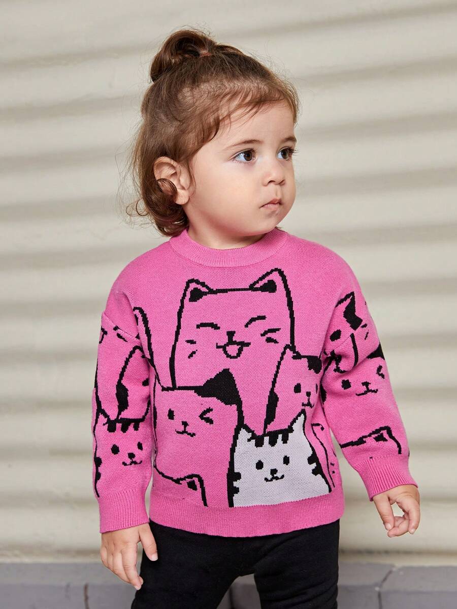 Baby Girl Round Neck Long Sleeve Cute Cat Jacquard Knit Pullover Sweater - Hot Pink - View 1