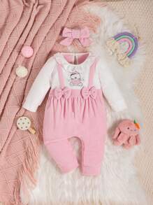 女嬰卡通圖案前蝴蝶結二合一連身褲＆ 頭巾 - 彩色 - 查看 1