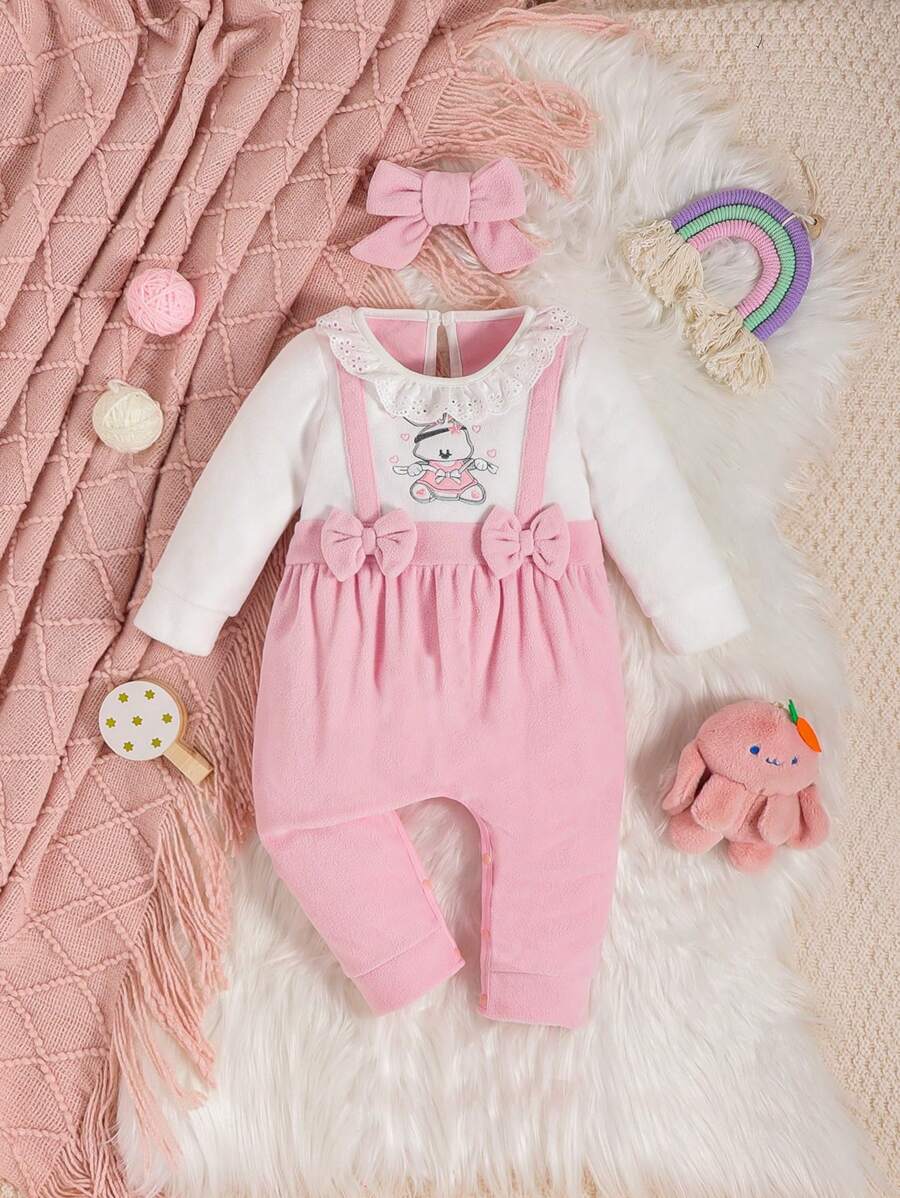 女嬰卡通圖案前蝴蝶結二合一連身褲＆ 頭巾 - 彩色 - 查看 1