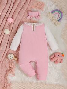 女嬰卡通圖案前蝴蝶結二合一連身褲＆ 頭巾 - 彩色 - 查看 2